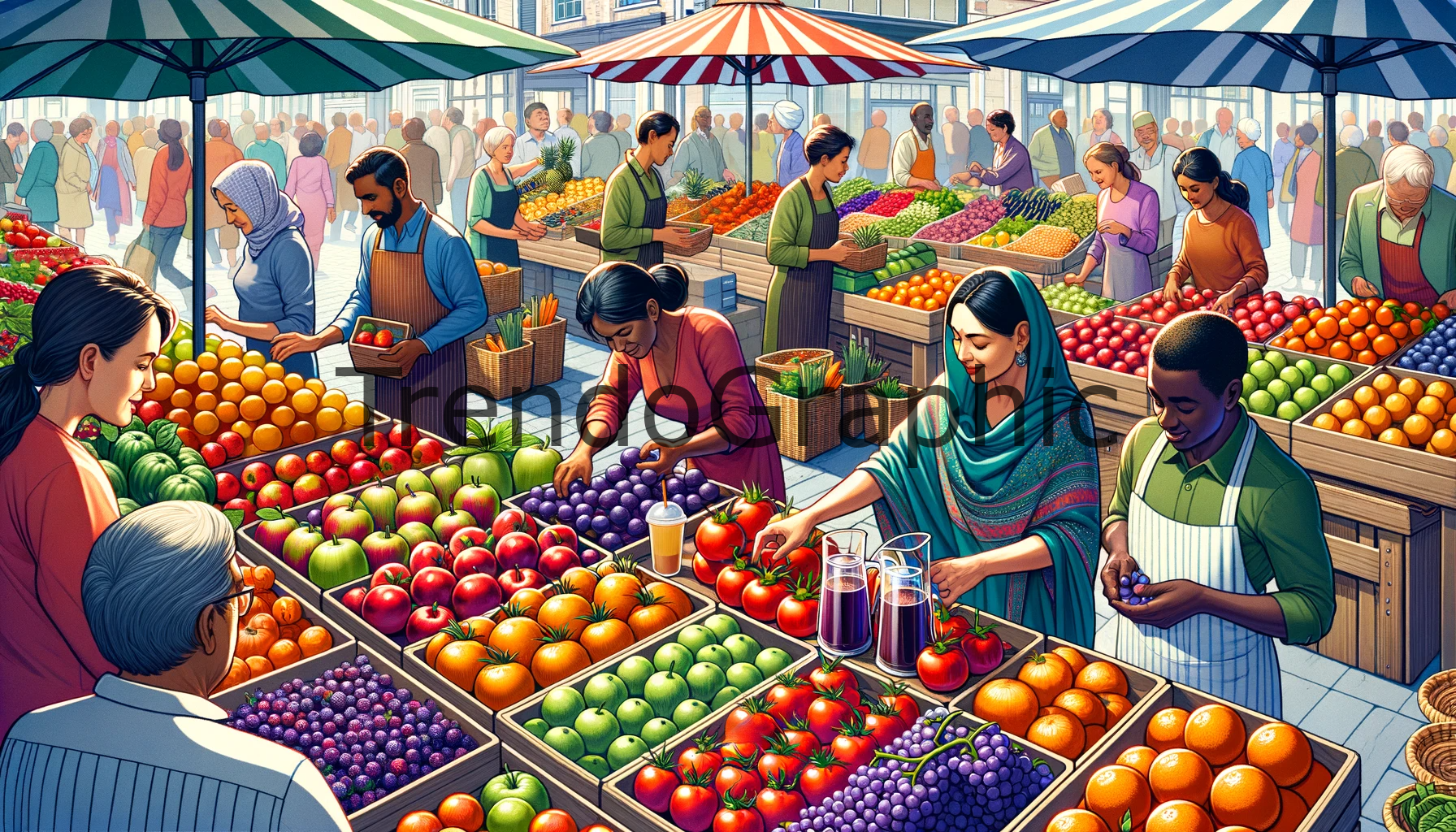Bustling Farmers Market Scene: Fresh Produce and Variety of Drink