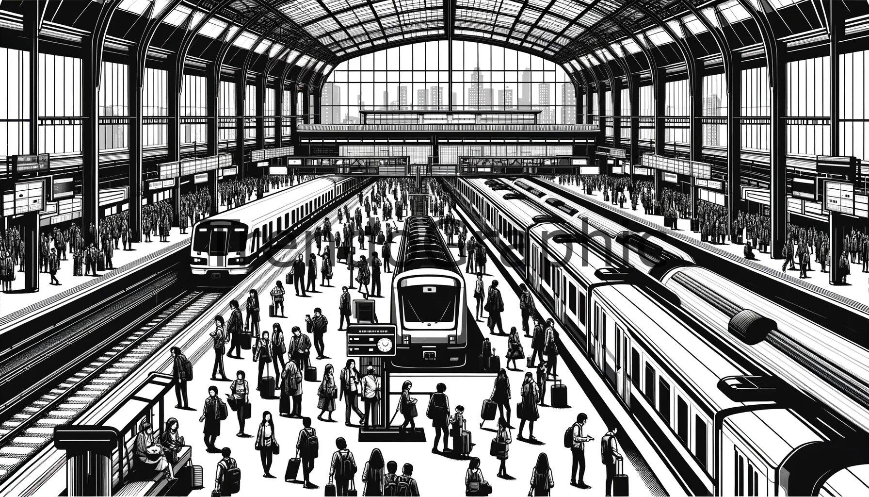 Captivating Scene of a Crowded Train Station in Monochrome