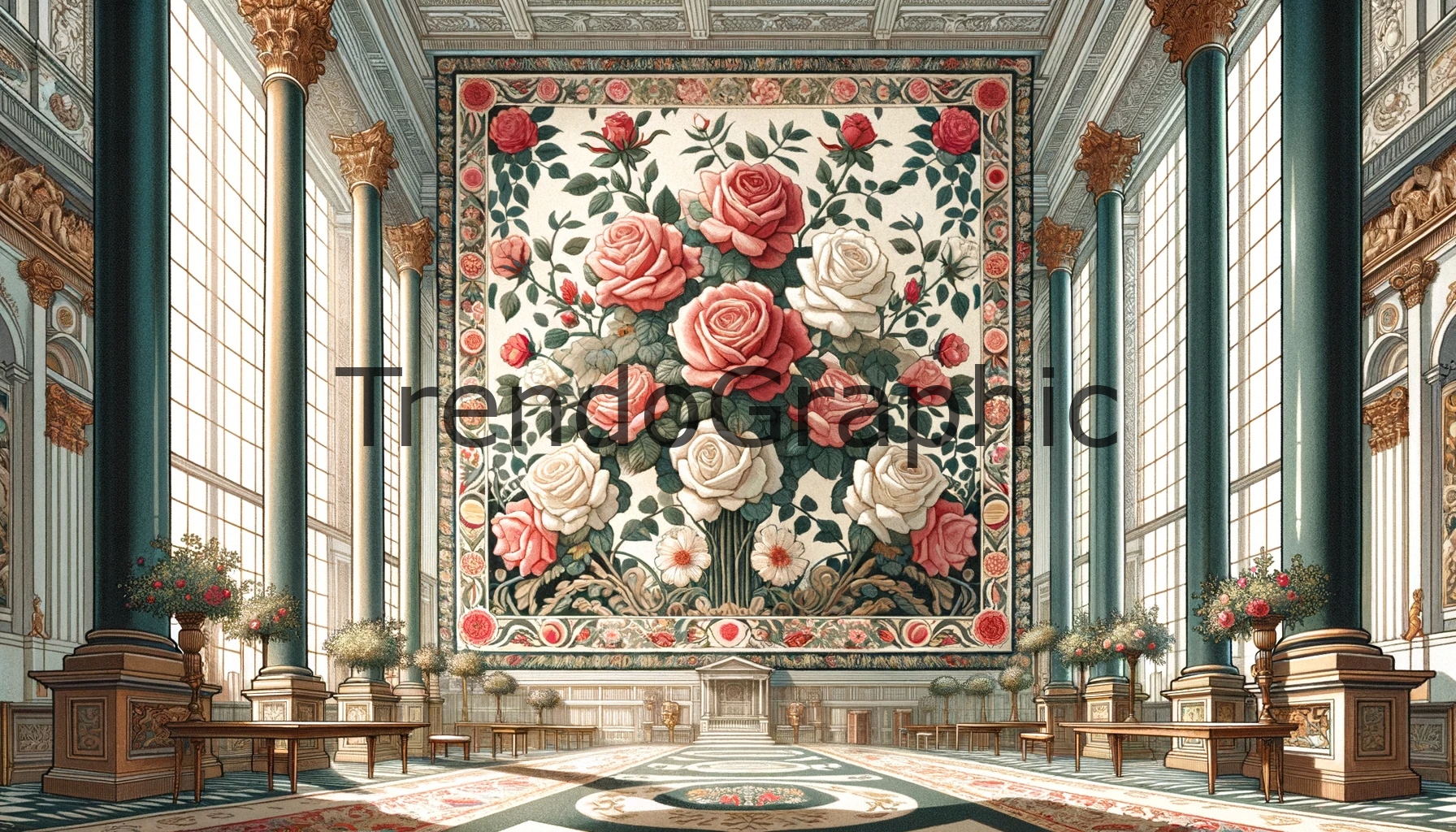 Elegant Rose-Themed Tapestry in Grand Hall: A Visual Masterpiece