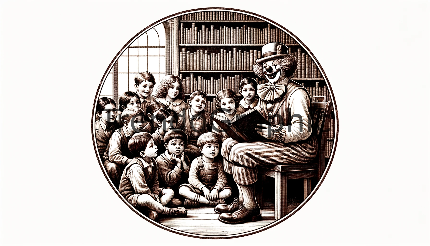 Enchanting Storytime: Vintage Clown Reading to Kids in a Library