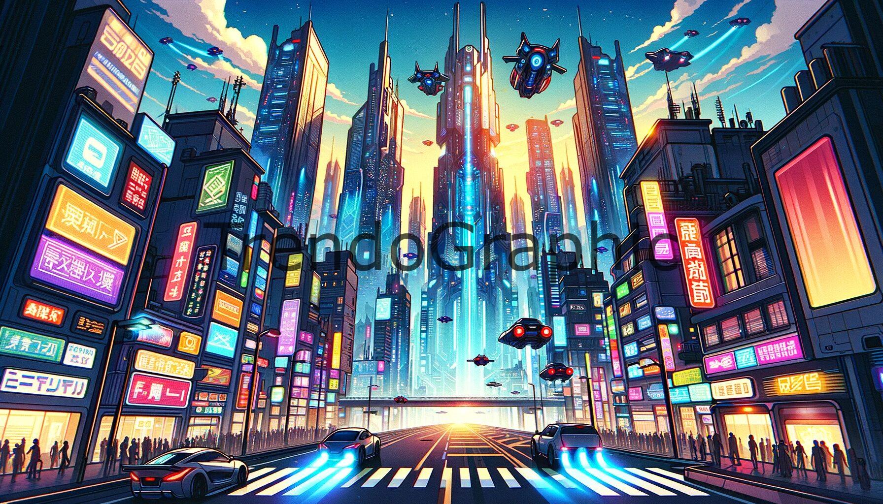 Futuristic Anime Cityscape: A World of Neon-Lit Skyscrapers and Flying Cars