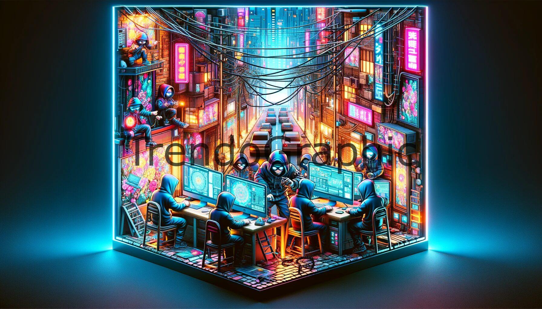 Futuristic Cyberpunk Anime Scene: Hackers in a Neon-Lit City