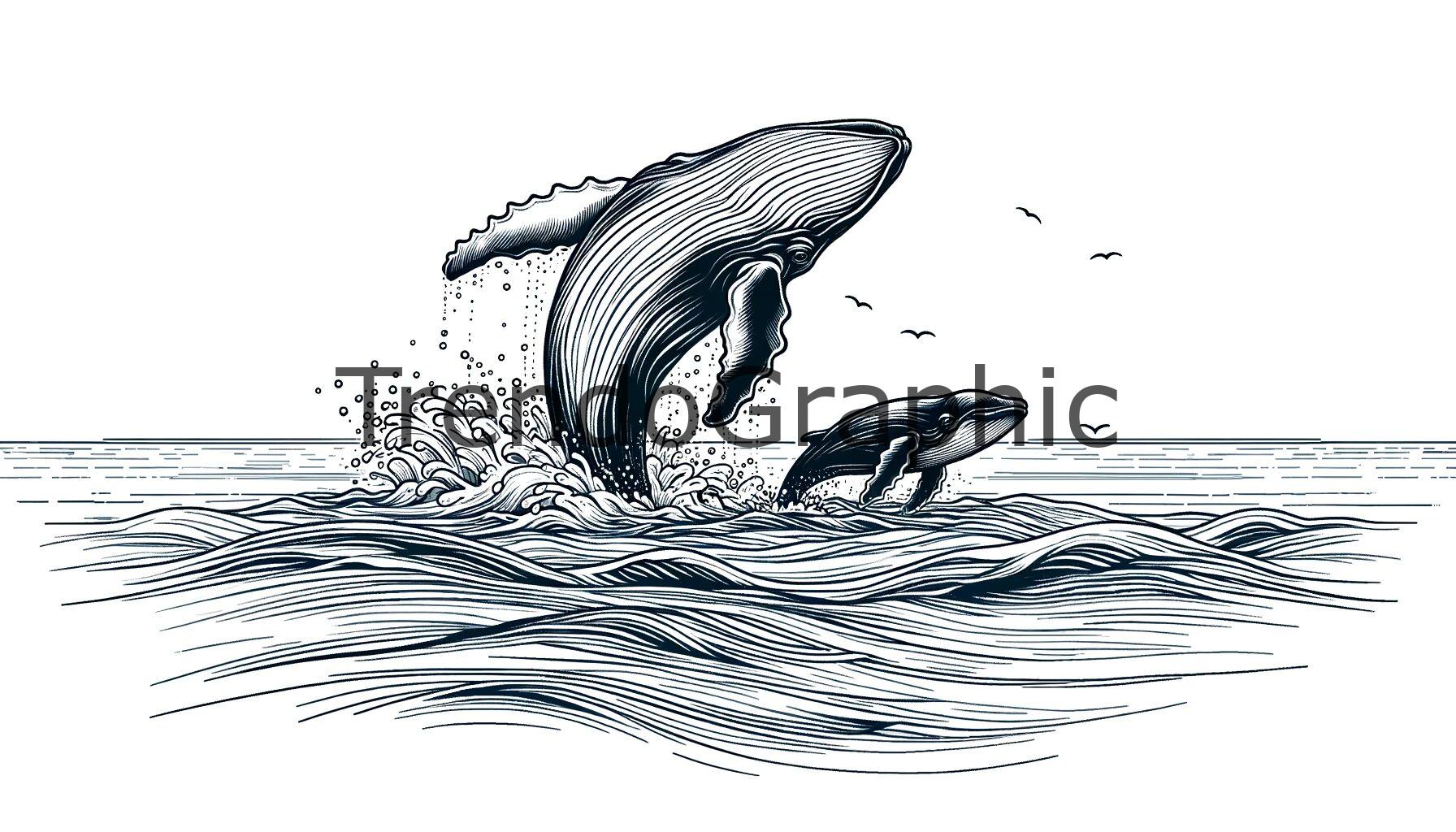 Graceful Ocean Dance: Mother Whale and Calf Breaching