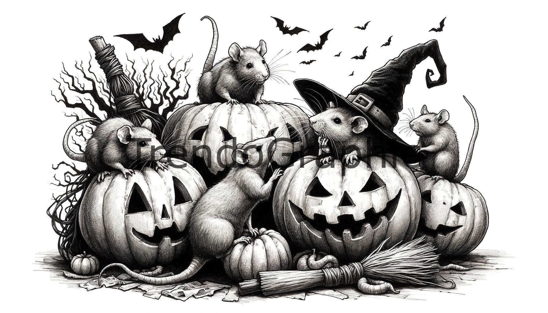 Halloween Mischief: Rats Among Pumpkins and Witches