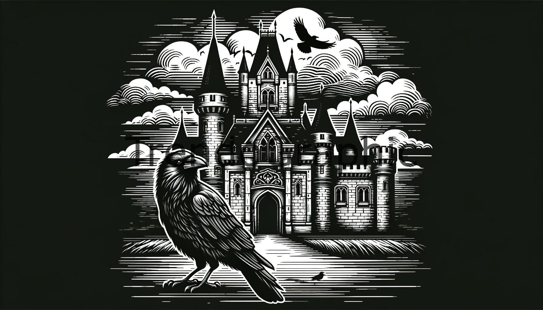 Medieval Mystery: Crow in Front of Gothic Castle