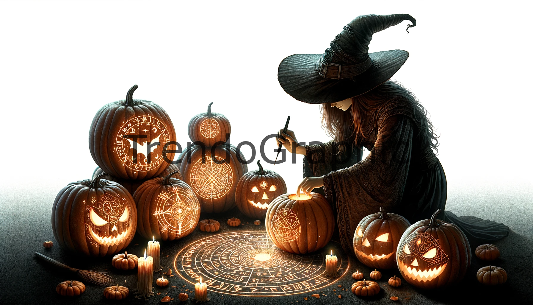 Mystical Halloween Night: Witch Carving Runes into Pumpkins