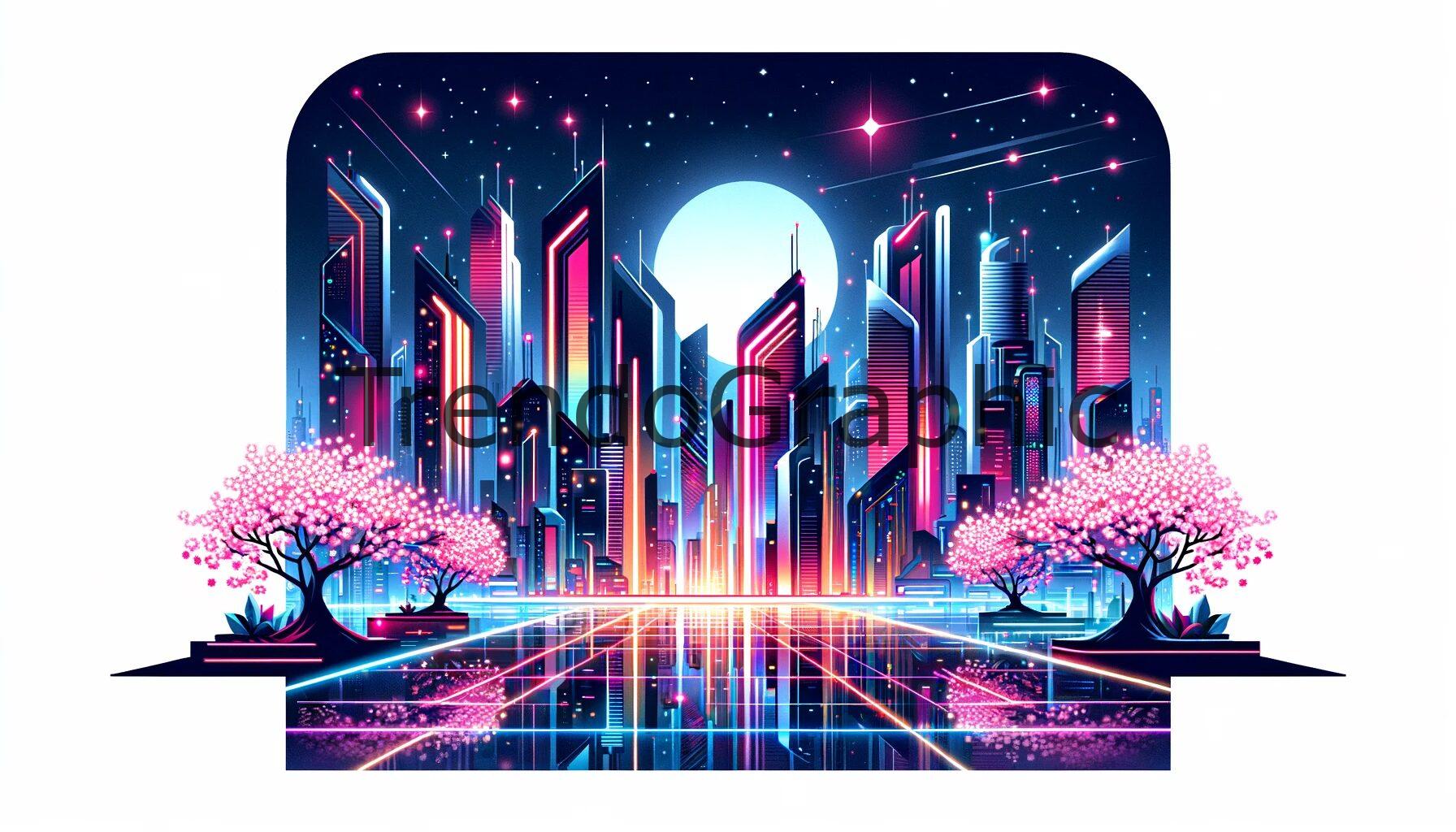 Neon Lights and Cherry Blossoms in a Futuristic City at Night