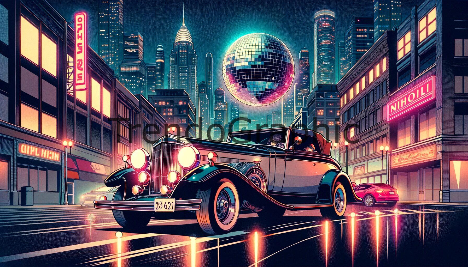 Nighttime City Cruise: Vintage Car with Disco Ball Charm