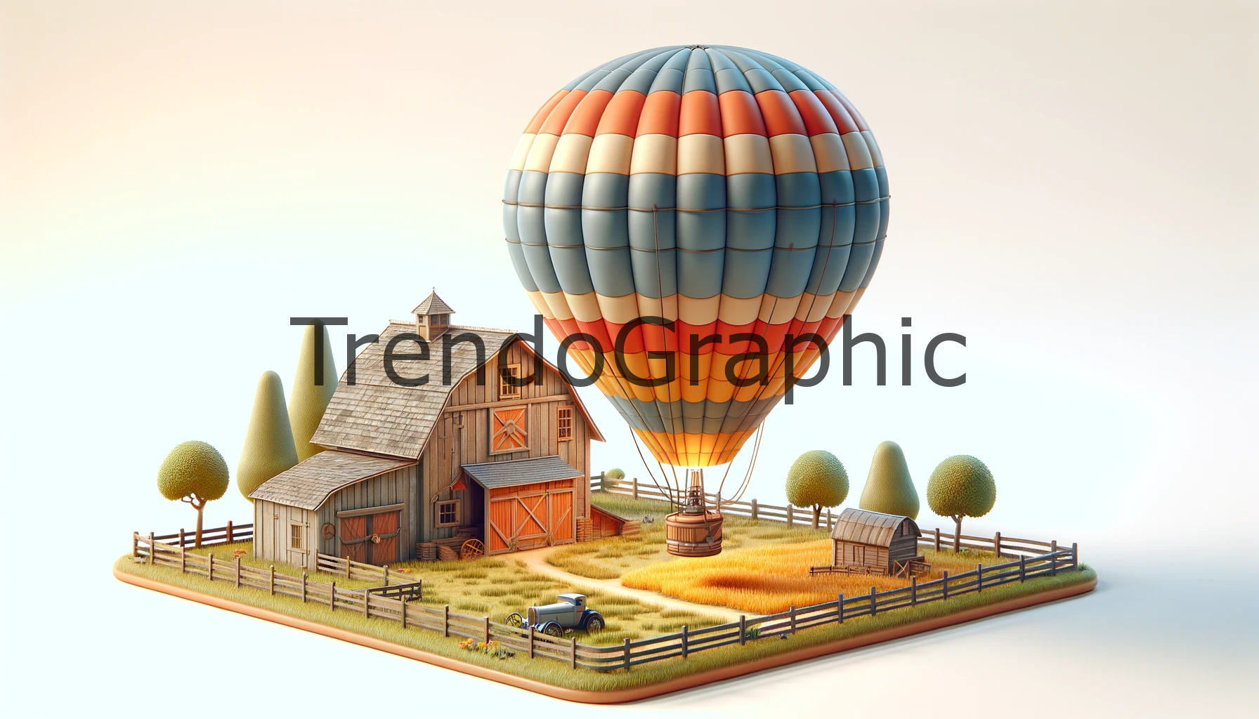 Pastoral Flight: Nostalgic Hot Air Balloon Journey Above the Farm