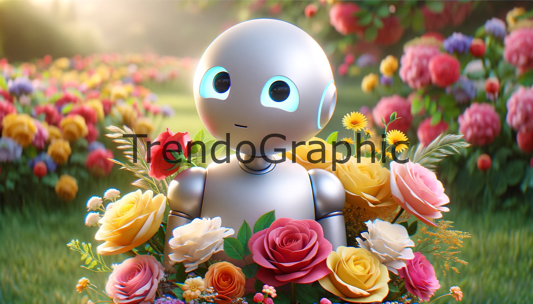 Robotic Harmony: Whimsical Robot Amidst a Floral Paradise