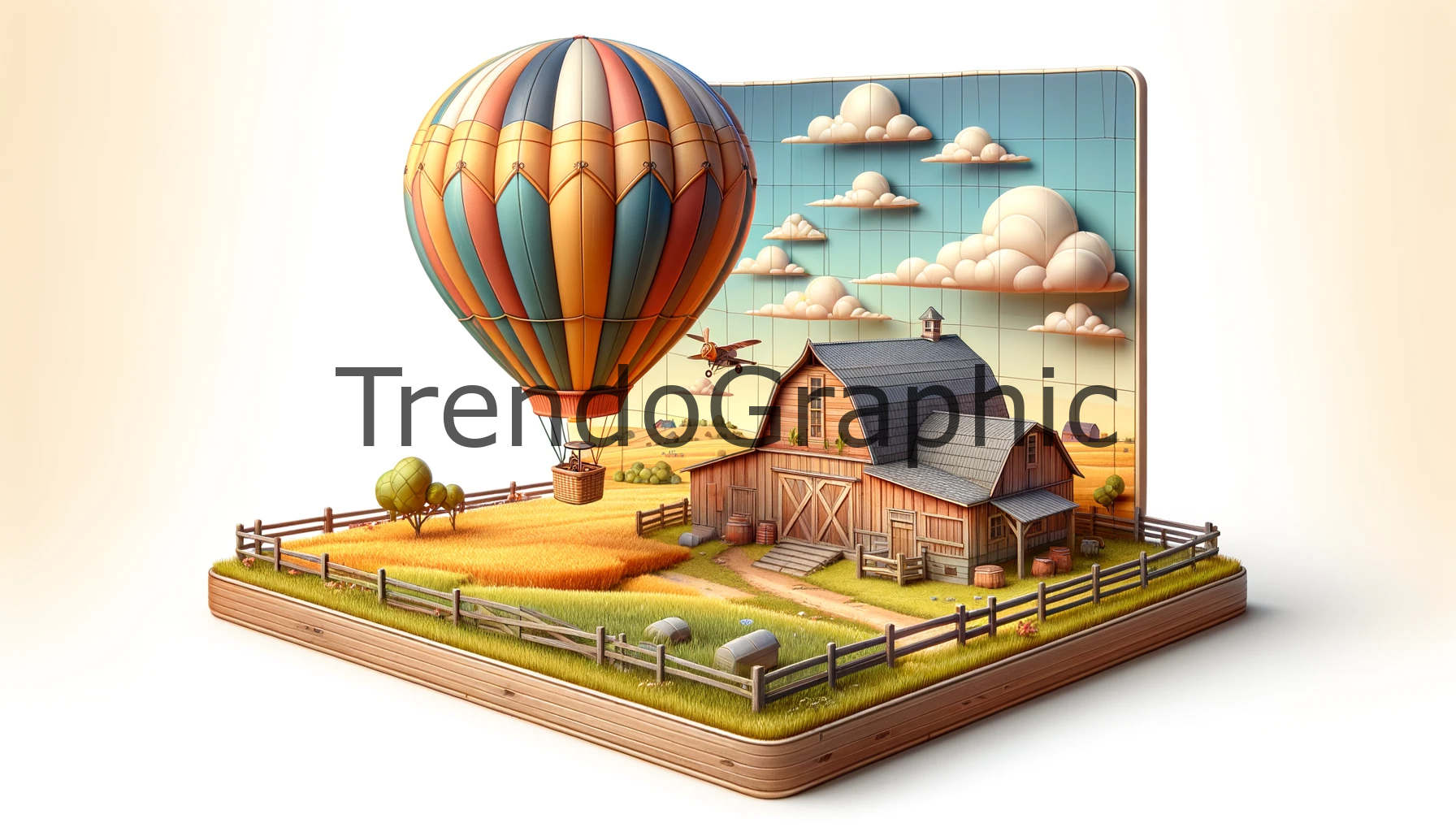 Rustic Skies: Vintage Balloon Over Countryside Barn