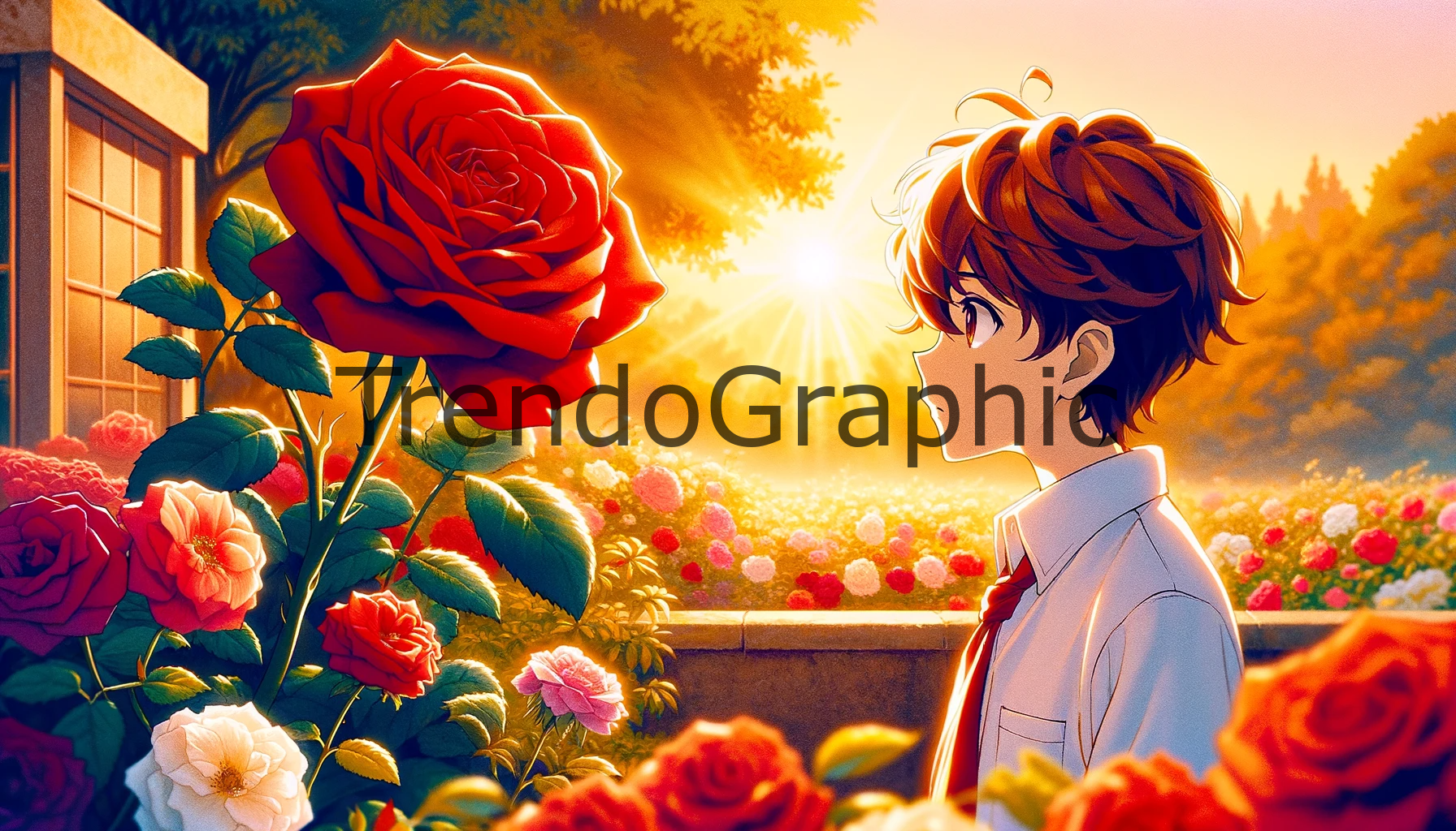 Sunset Wonders: Boy and Roses in Anime Style