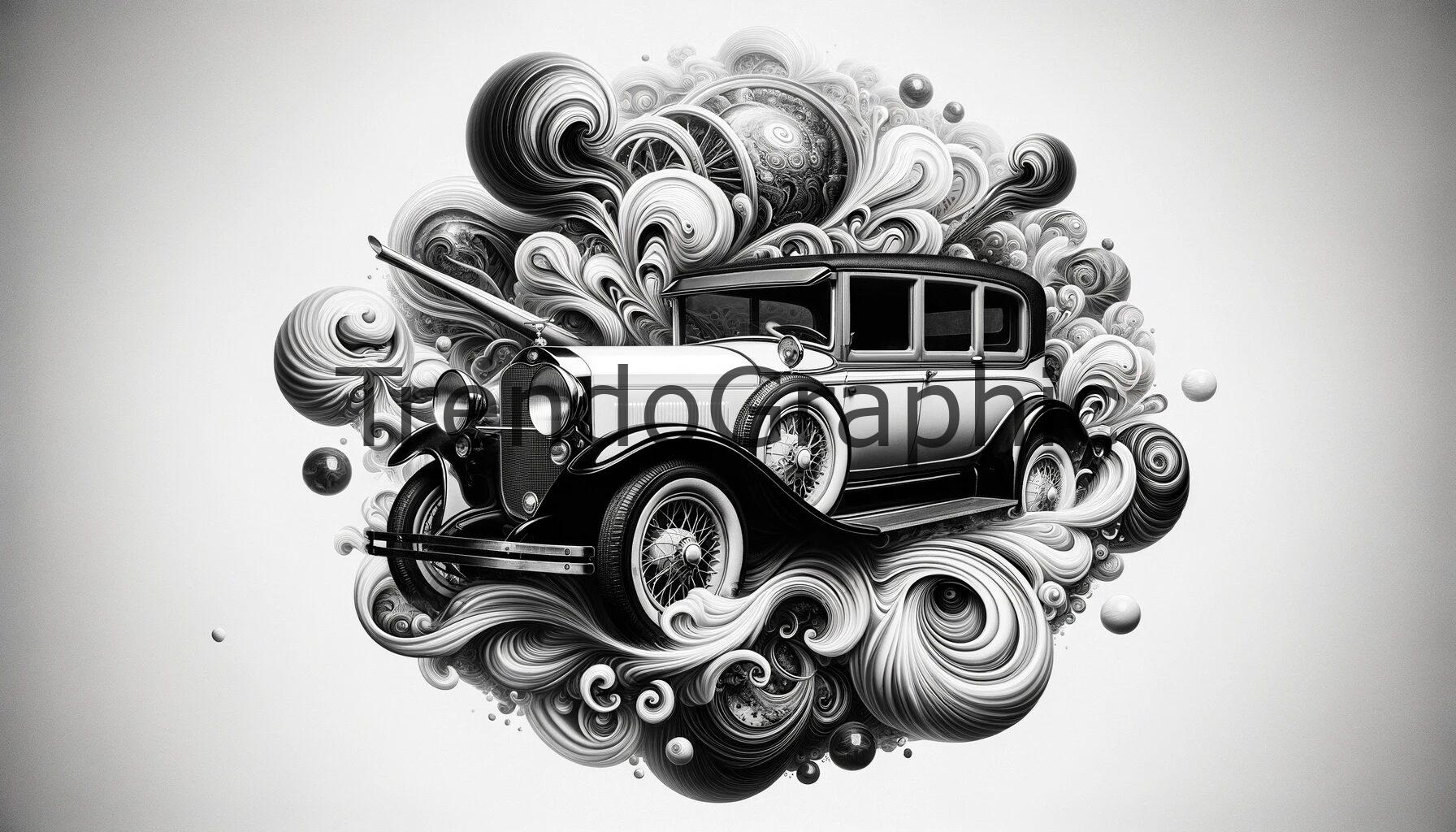 Timeless Journey: Surreal Interpretation of a Vintage Car in Black and White