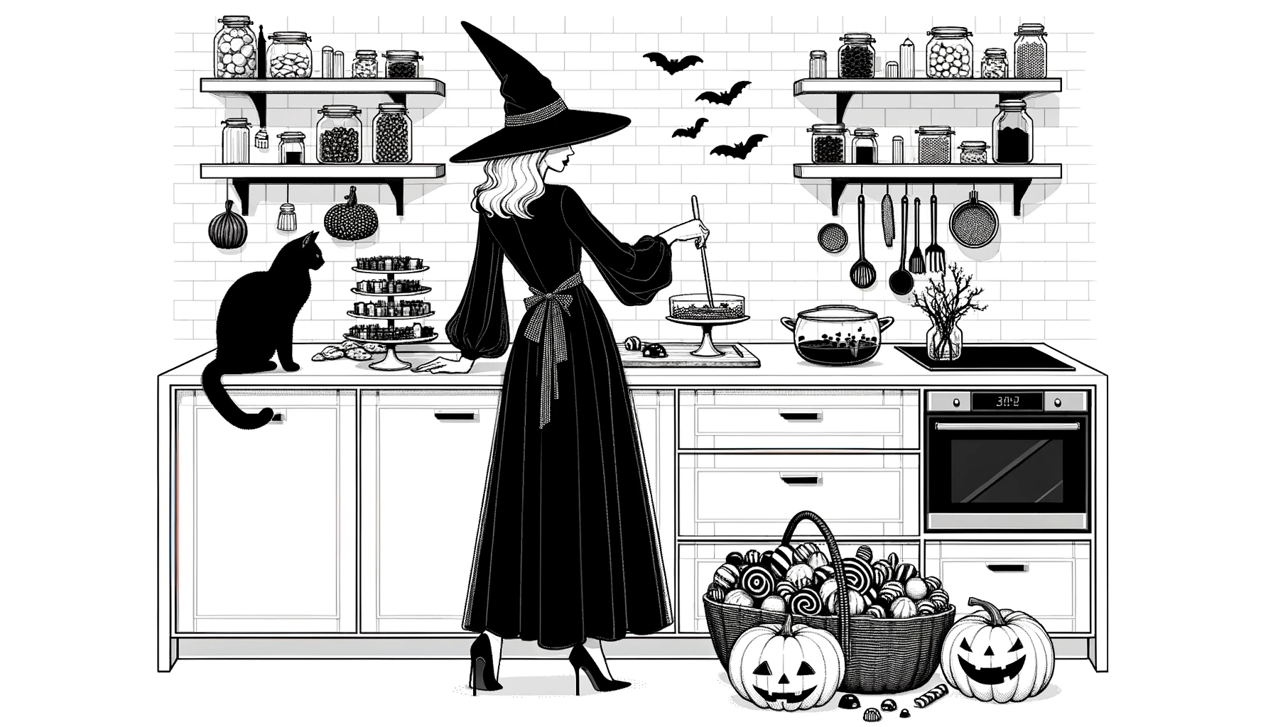 A woman, dressed in a chic witch costume, prepares Halloween treats