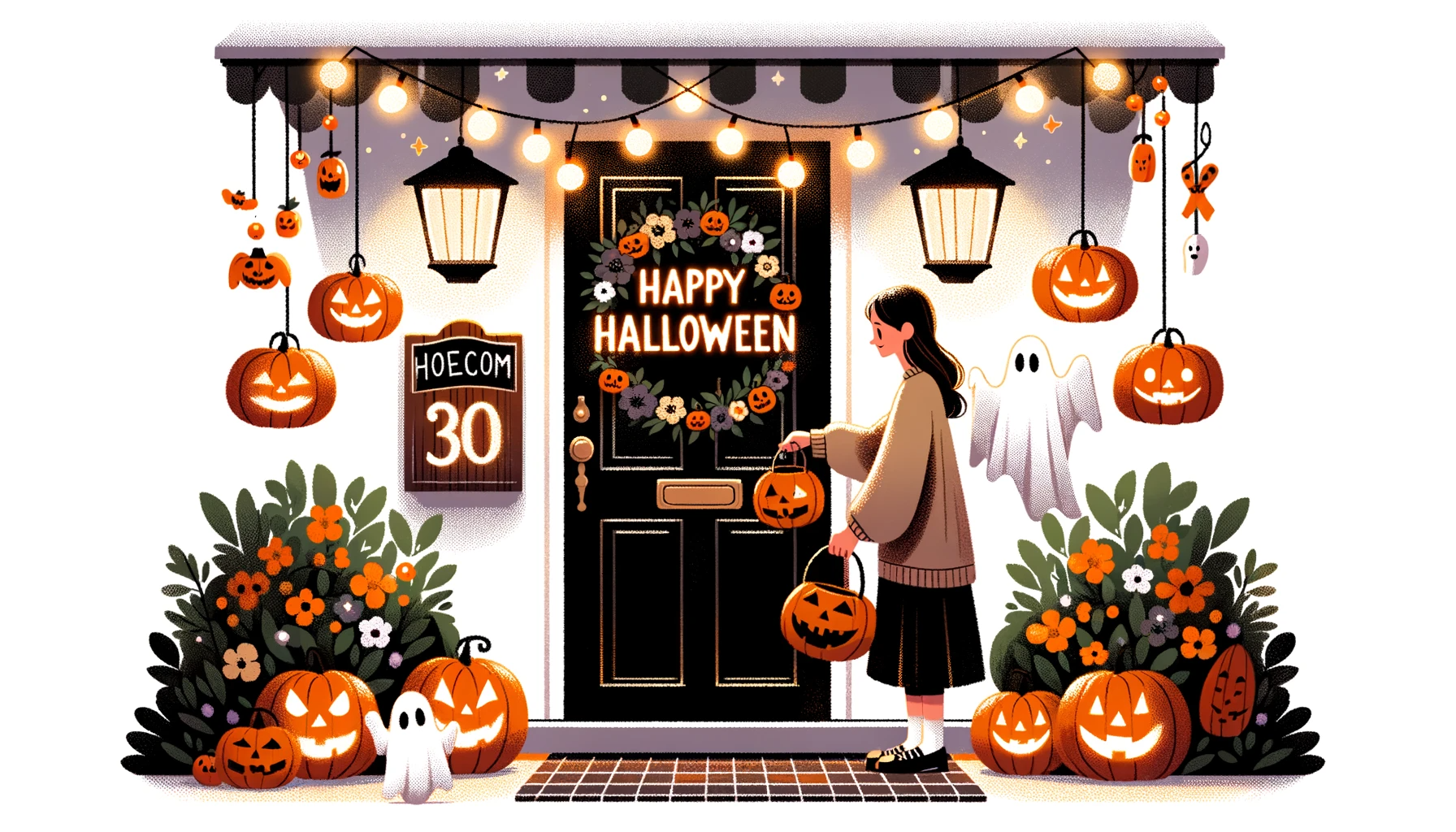Illustration on a white background, styled similarly to the second image: A woman opens the door to greet trick-or-treaters, her home entrance decorated with glowing jack-o-lanterns, hanging ghosts, and a whimsical 'Happy Halloween' sign.