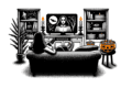 Illustration on a white background, consistent with the style of the second image: A woman sits on a couch, engrossed in a classic horror film on TV. The room is dimly lit with Halloween-themed candles, and a bowl of candy corn rests on the coffee table.