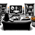 A woman sits on a couch, engrossed in a classic horror film