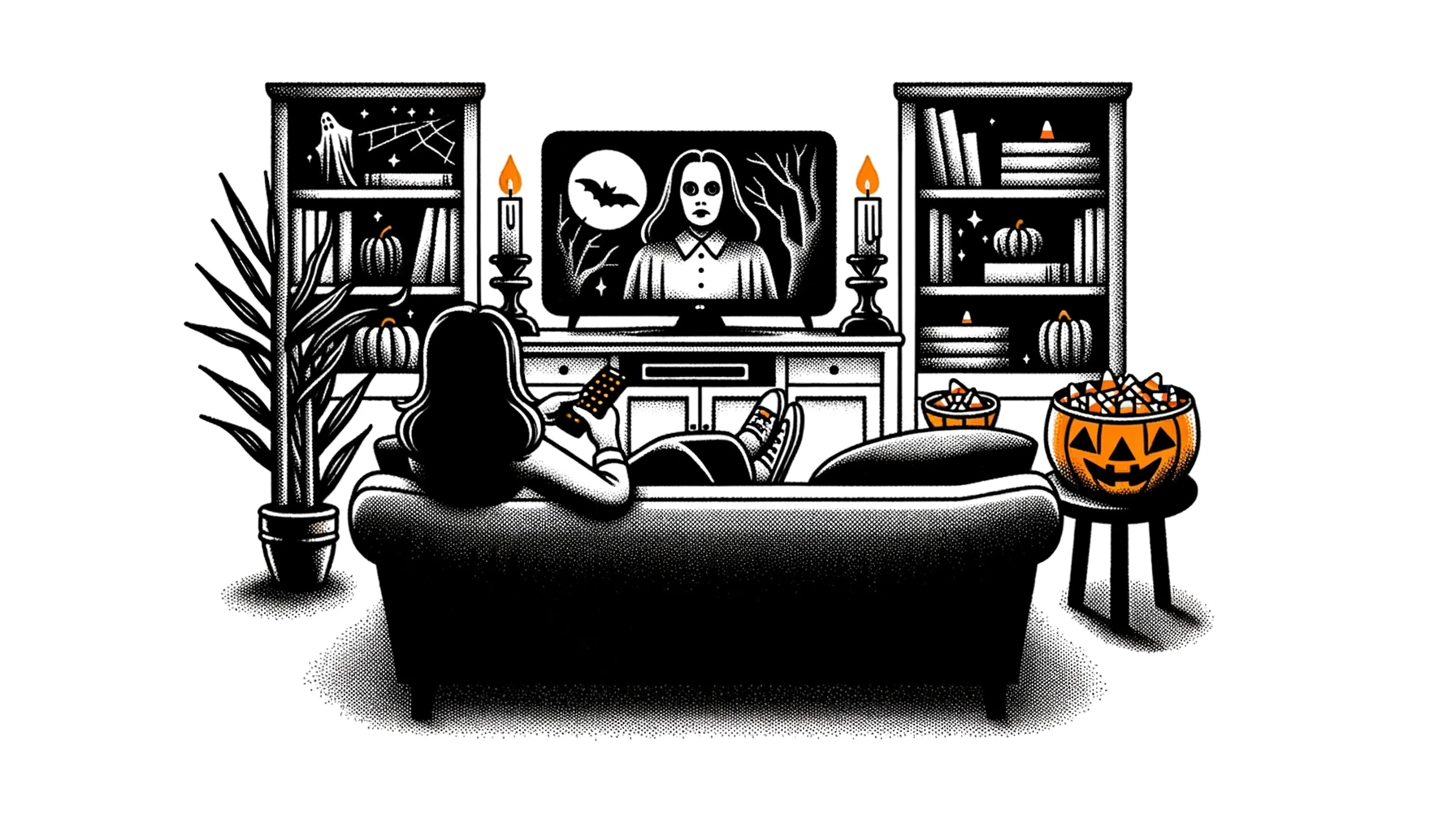 Illustration on a white background, consistent with the style of the second image: A woman sits on a couch, engrossed in a classic horror film on TV. The room is dimly lit with Halloween-themed candles, and a bowl of candy corn rests on the coffee table.
