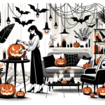 A woman stands in a modern living room adorned with Halloween decorations