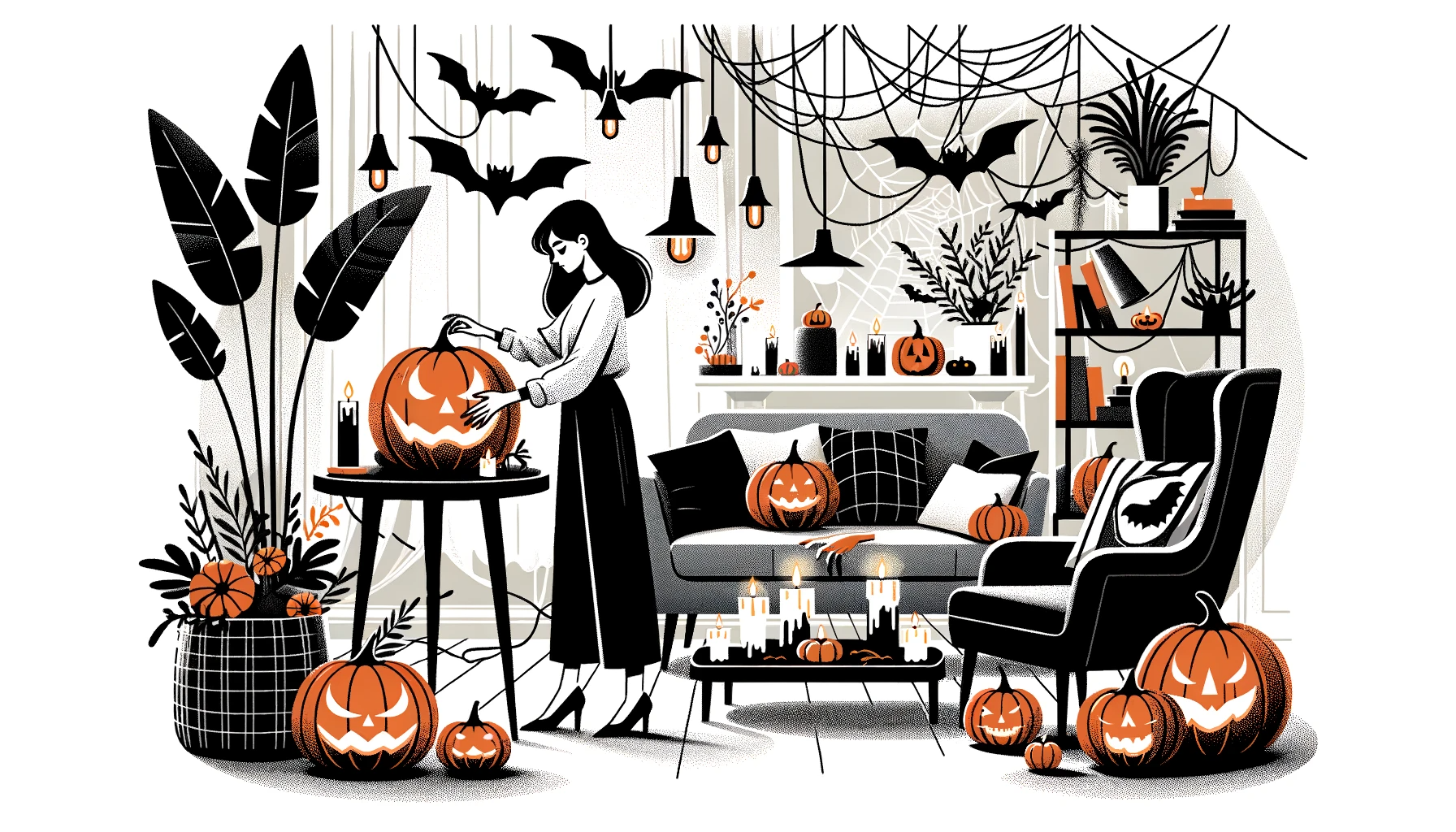 A woman stands in a modern living room adorned with Halloween decorations
