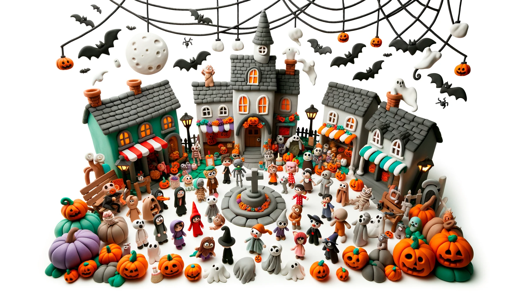 Halloween town square where clay characters gather