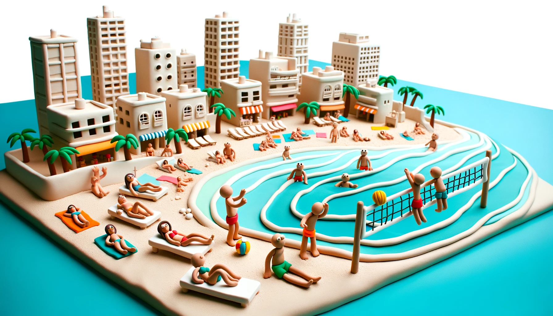 Illustration in playful claymation style on a white background, showing a serene beach setting in Tel Aviv, where clay characters are sunbathing, playing beach volleyball, and enjoying the Mediterranean Sea.