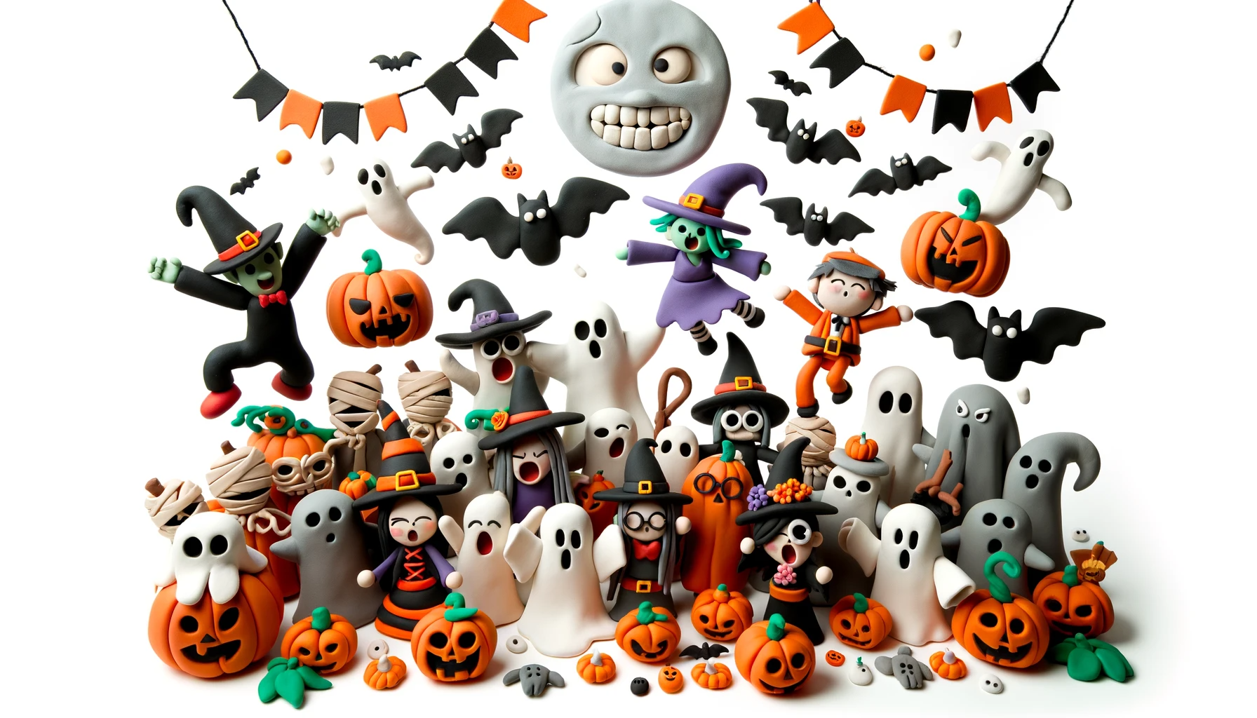 Showcasing a festive Halloween scene with clay animated characters in various costumes