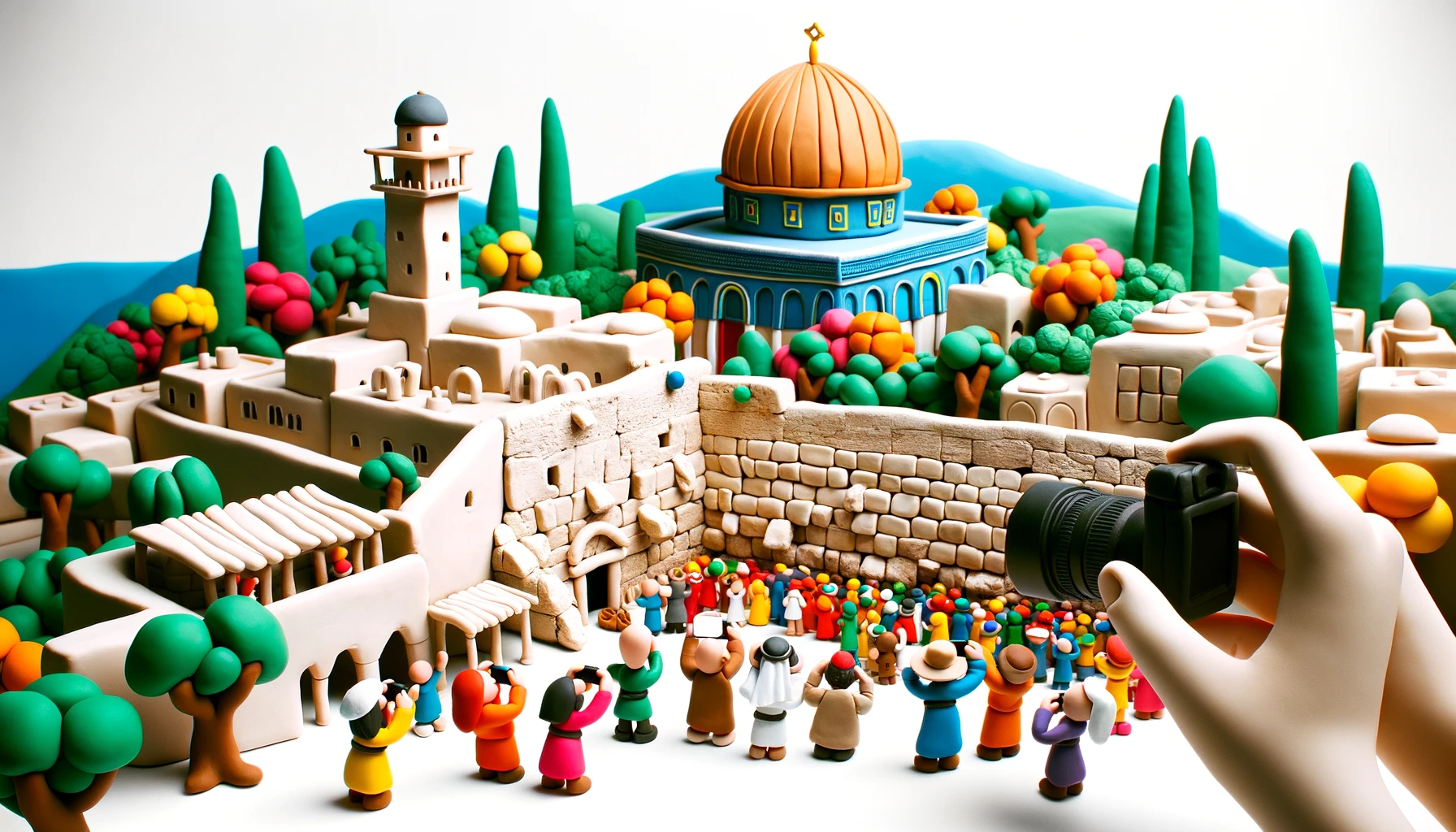 Vibrant scene of Israel's landmarks, including the Western Wall and the Dome of the Rock