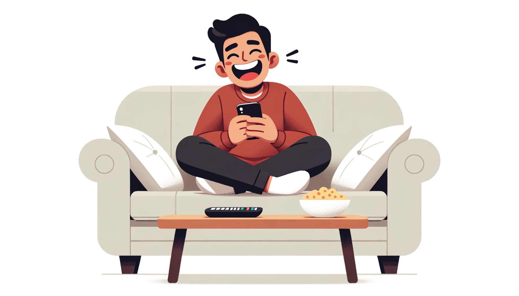 Illustration on a white background: An individual of Hispanic descent sits cross-legged on a couch, laughing at something on their smartphone. A coffee table in front of them has a snack bowl and a remote control.